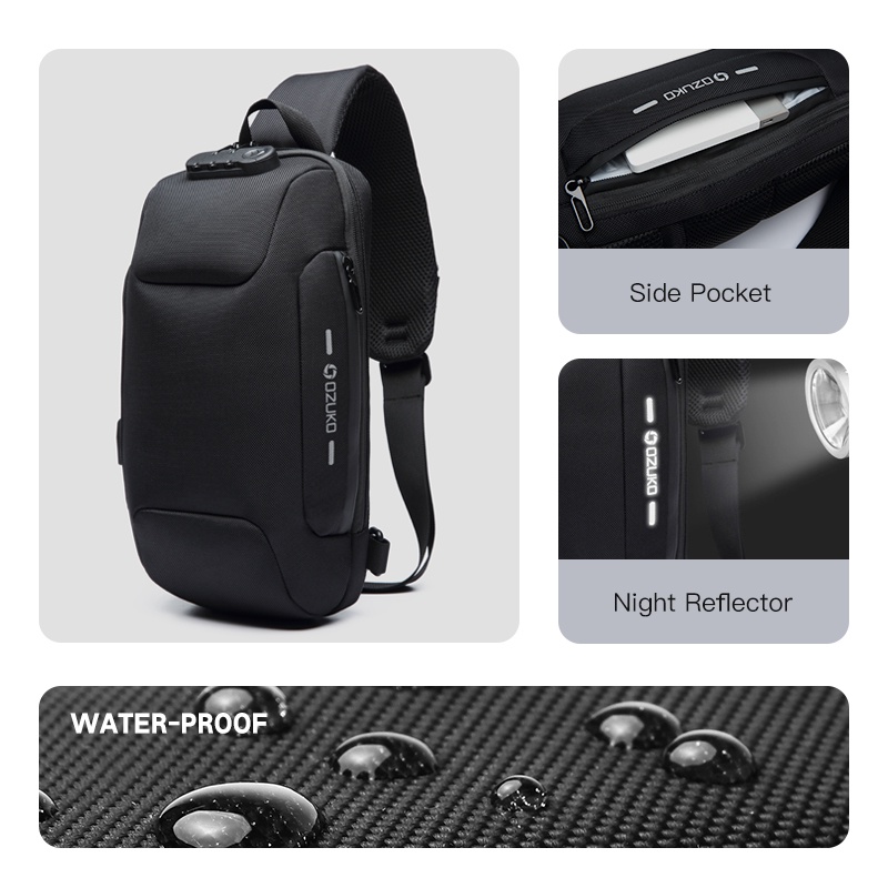 Túi đeo chéo Ozuko làm từ vải oxford chống thấm nước có cổng sạc usb thích hợp mang đi du lịch cho nam