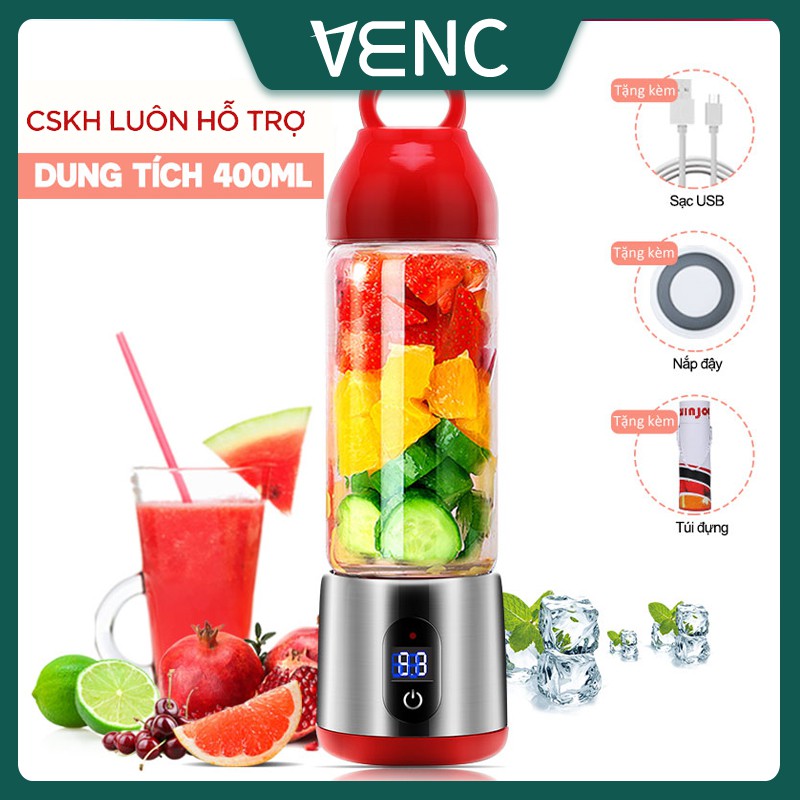 Máy xay sinh tố cầm tay mini 400ml, đa chức năng, sạc pin 6 lưỡi xay tiện lợi, bình thuỷ tinh cách nhiệt, công suất mạnh