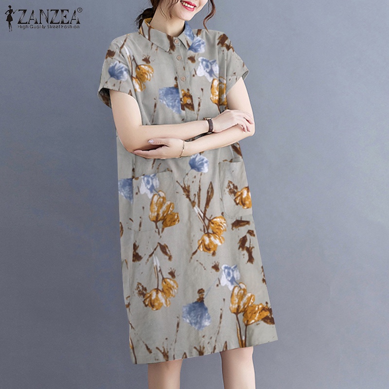 Đầm mini ZANZEA tay ngắn ve áo in hoa thời trang cổ điển giản dị cho nữ