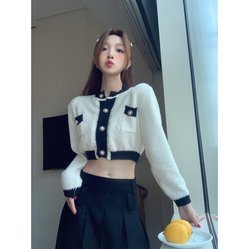 HUANG YOYO Áo khoác cardigan dệt kim tay dài dáng ngắn phối màu tương phản thời trang Hàn Quốc cho nữ 2023 Cho Nữ croptop