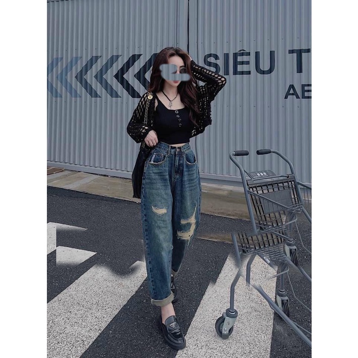 QUẦN BAGGY JEANS NỮ LƯNG CAO RÁCH MẢNG NHỎ ĐÙI PHẢI MẢNG U GỐI TRÁI MÀU XANH ĐẬM CỰC CÁ TÍNH