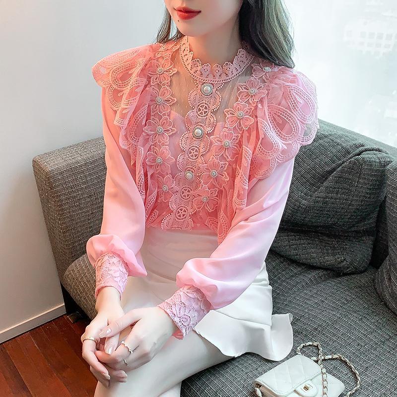 Áo Sơ Mi Chiffon Tay Dài Cổ Đứng Viền Ren Gợn Sóng Phong Cách Thời Trang Mới 2022