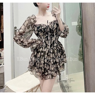 Váy tơ hoa đen cup ngực viền ren