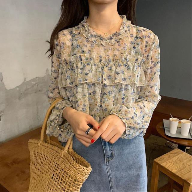 Áo Sơ Mi Chiffon Tay Dài Họa Tiết Hoa Phong Cách Hàn Quốc Thời Trang Cho Nữ