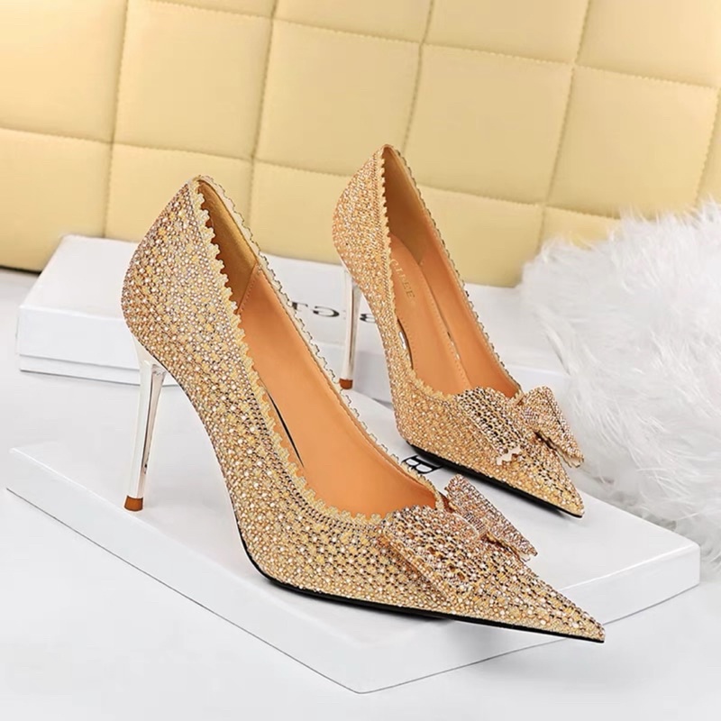 (ORDER) Giày cao gót đính nơ cườm đá sang chảnh 9.5 cm, hàng cao cấp