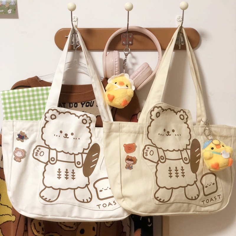 Túi tote vải canvas thời trang hàn quốc đựng đồ đi học đi chơi - gấu bánh mì