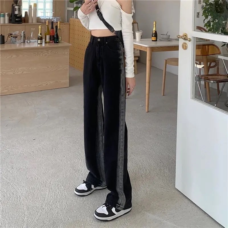 Quần Jeans Nữ Màu Đen Phối Light Sọc Cạp Cap Ống Suông Cá Tính Chất Jean Dày Dặn Loại 1 Dễ Mix Đồ Mặc Hàng Ngày