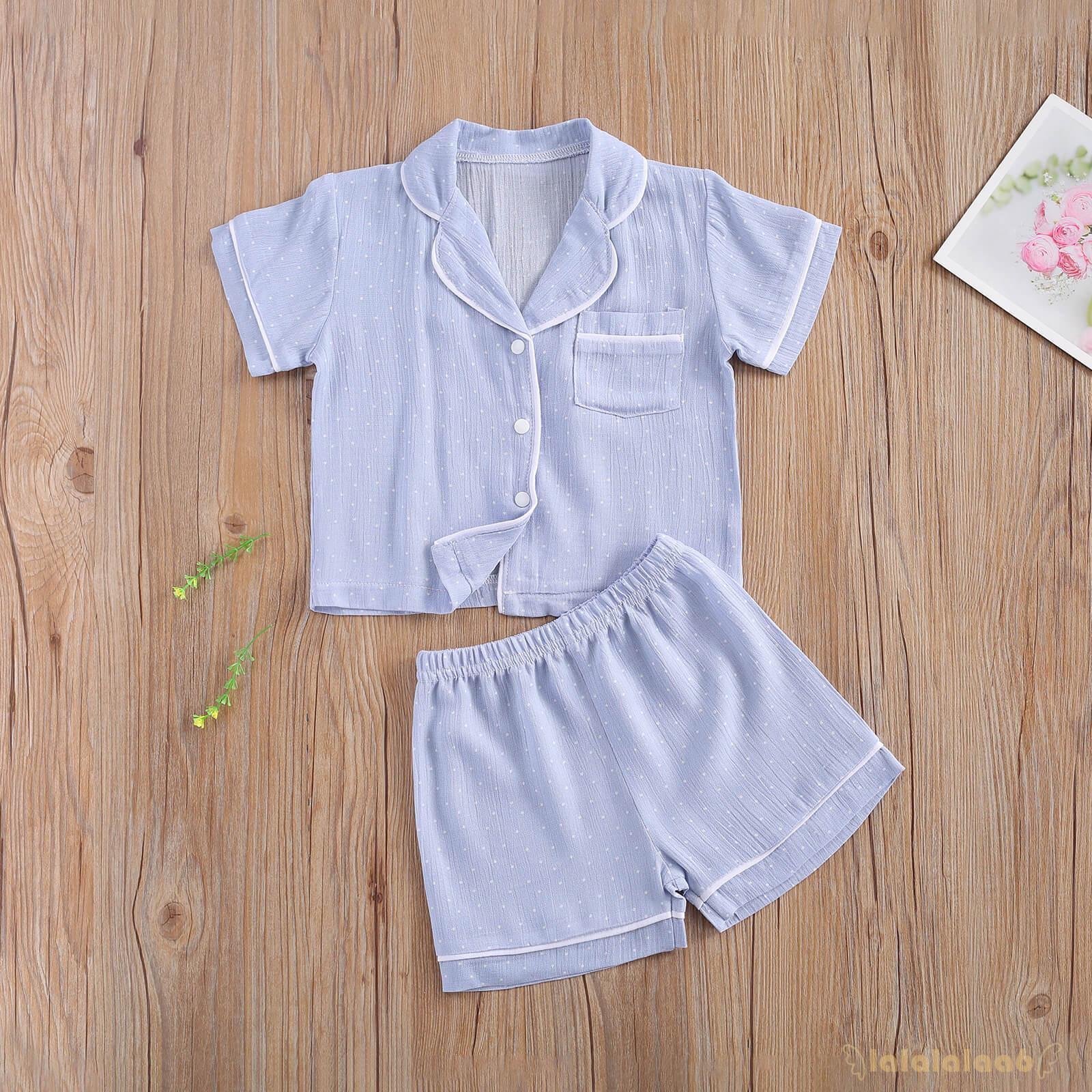 Set 2 Món Áo Sơ Mi Tay Ngắn Hoạ Tiết Chấm Bi + Quần Short Lưng Thun Co Giãn Cho Bé Laa6