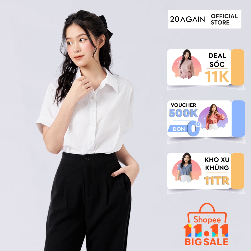 [Mã WABR1111 giảm 10% đơn 250K] Áo sơ mi nữ công sở 20AGAIN áo sơ mi ngắn tay form rộng chất liệu thô mềm ASW1133