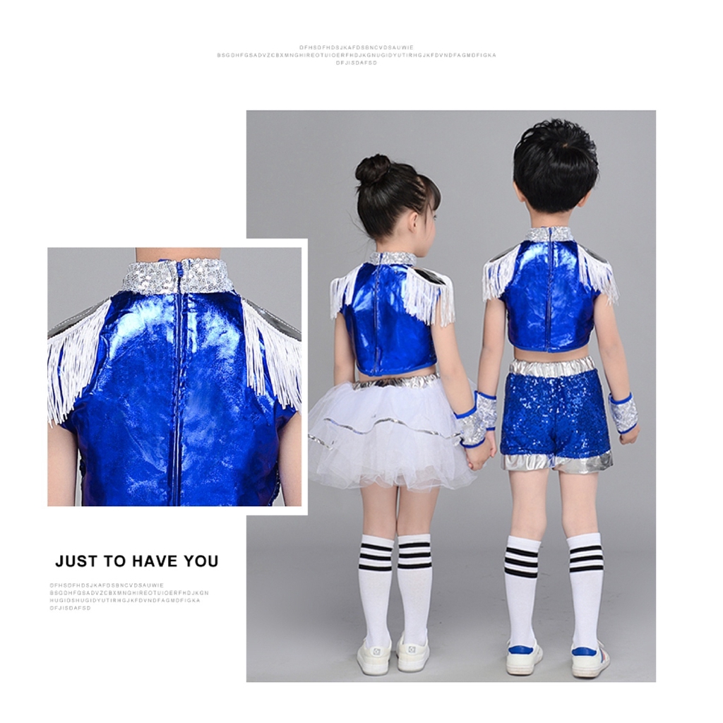 Bộ đồ trình diễn phối tua rua đính kim sa màu xanh dành cho unisex