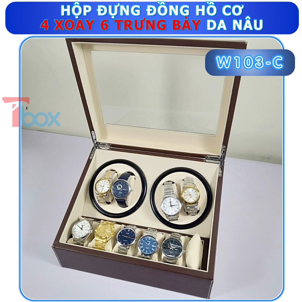 Hộp đựng đồng hồ cơ xoay tự động Tbox Hộp 4 xoay 6 trưng bày cho đồng hồ cơ bọc da nâu sang trọng mặt kính