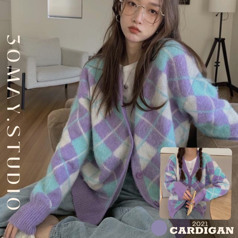 Áo cardigan dệt kim hoạ tiết kim cương , quả trám màu tím dáng rộng Hàn Quốc