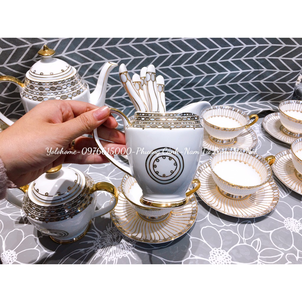 Bộ trà sứ xương phong cách hoàng gia màu bạc YOLO HOME
