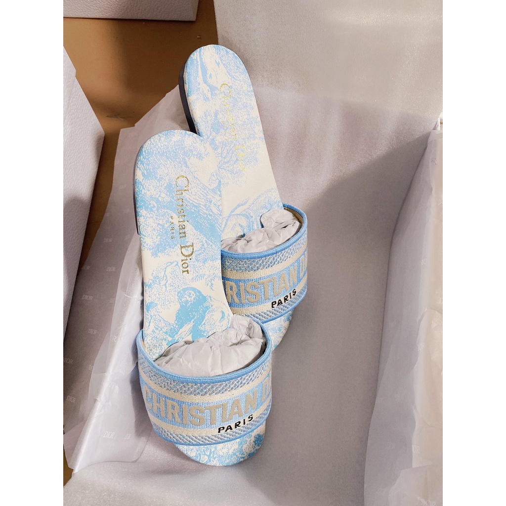 Dway Vớ Cotton Phẳng Trượt Thêu Họa Tiết Hoa Ngô Toile de Jouy Màu Xanh Dương Cho Nữ