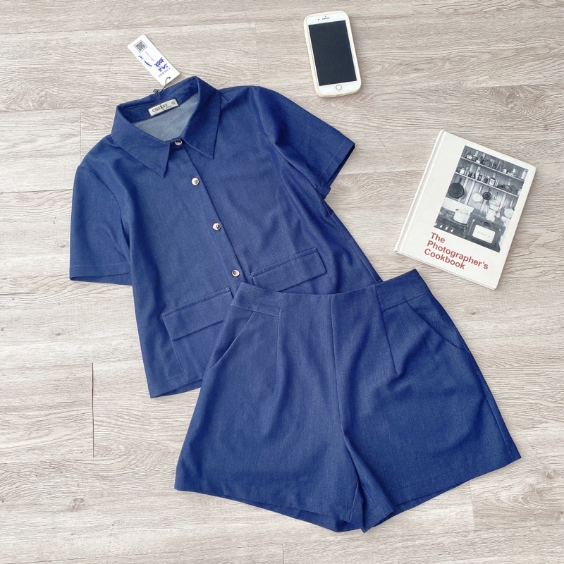 Set jeans áo cổ đức mix với quần short - hàng thiết kế chuẩn đẹp