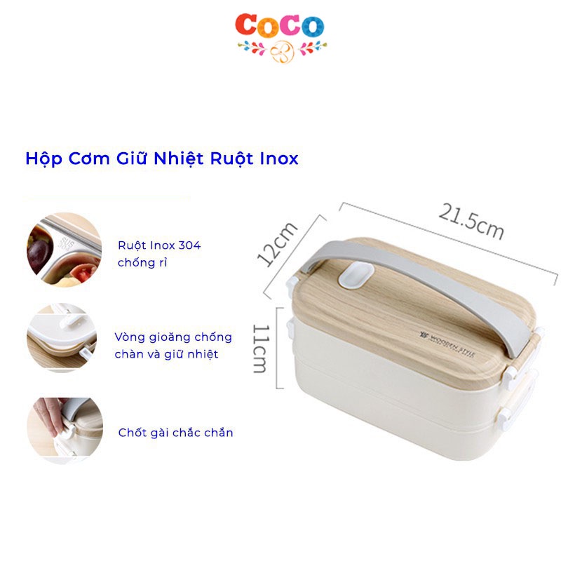 Hộp cơm giữ nhiệt ruột inox 304 chống rỉ Hộp Cơm 2 Tầng Tiện Lợi thiết kế sang trọng
