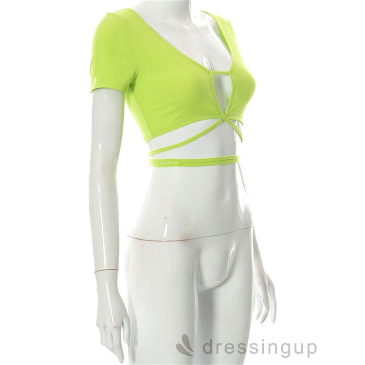 DRE-Women Summer Tops, Short Sleeve Solid Color Tie Up Waist Elastic Tops
