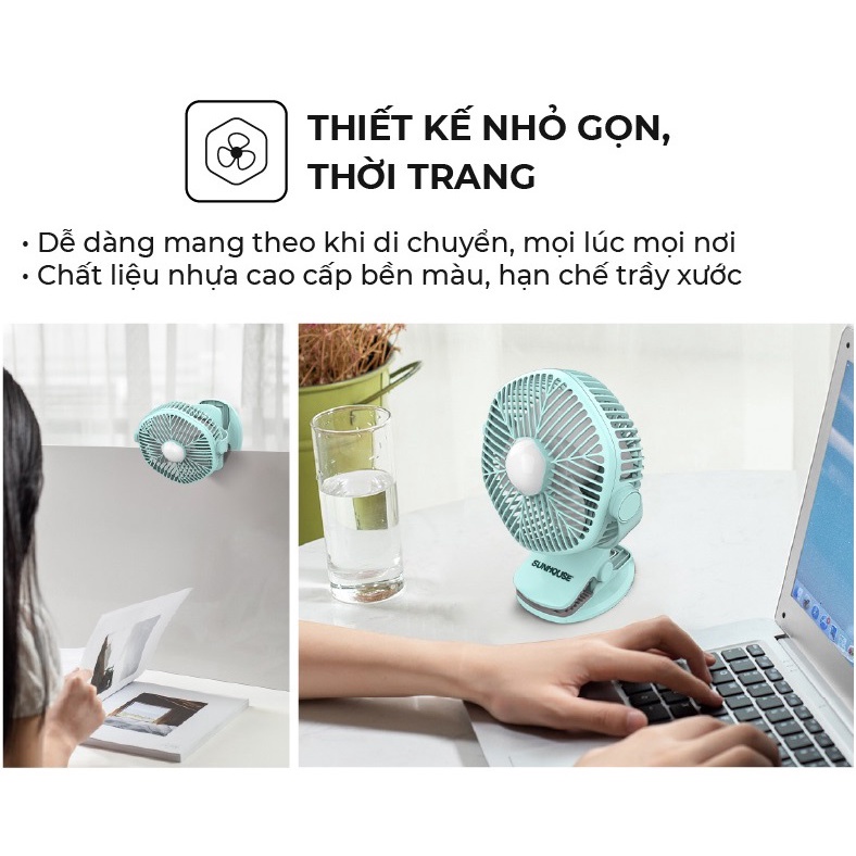 Quạt mini kẹp bàn -Quạt tích điện Sunhouse thích hợp cho dân Văn Phòng, Xoay 360 độ, Kẹp chắc chắn-BH 12 THÁNG