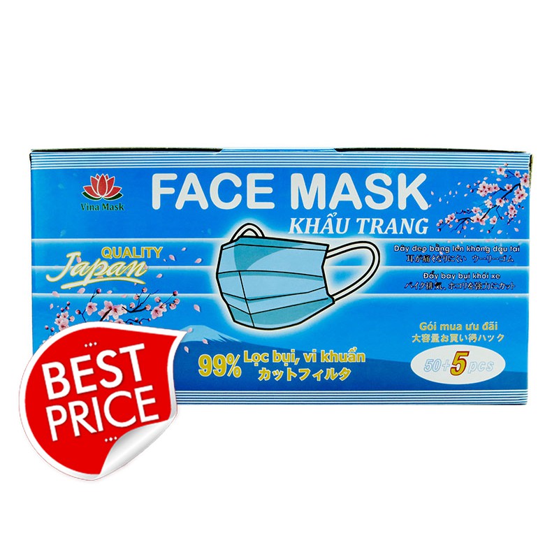 BEST PRICE - Khẩu trang 3 lớp Vina Mask cắt giảm 99% bụi, vi khuẩn 55 cái màu xanh - Hachi Hachi Japan Shop