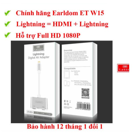 Jack Chuyển Đổi🌴 Cáp Chuyển Từ Lightning Ra HDMI Chính Hãng Earldom ET-W15