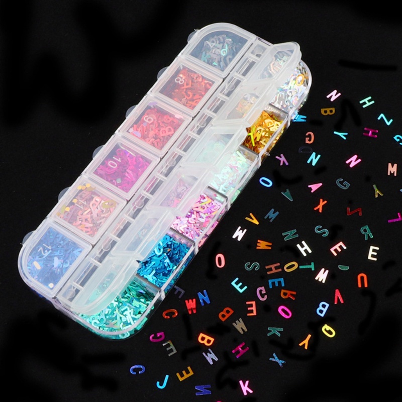 Hộp 12 ngăn kim tuyến seqeuin dạ quang 3D lấp resin làm móng nghệ thuật