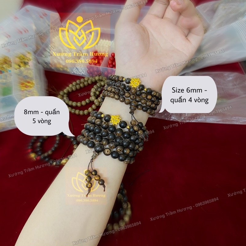 Chuỗi Trầm Hương Sánh Chìm 108 hạt mix charm Hoa Sen vàng - 6mm &amp; 8mm - Vòng tay Nam Nữ - Vòng gỗ tự nhiên