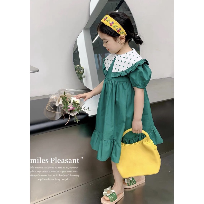 Váy Bé Gái-❤V0035❤Đầm cho bé chất liệu thô giấy lạnh cao cấp. váy công chúa màu xanh cổ chấm bi