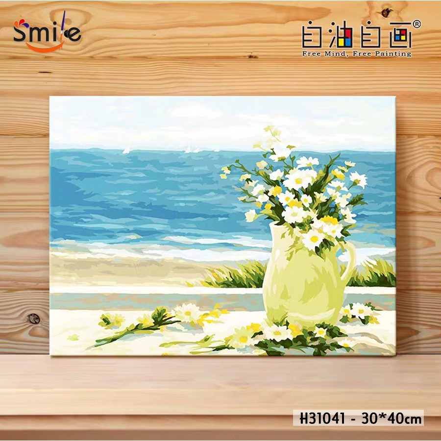 Tranh sơn dầu số hóa tự tô màu theo số cao cấp Smile FMFP Bình hoa cúc bên biển H31041
