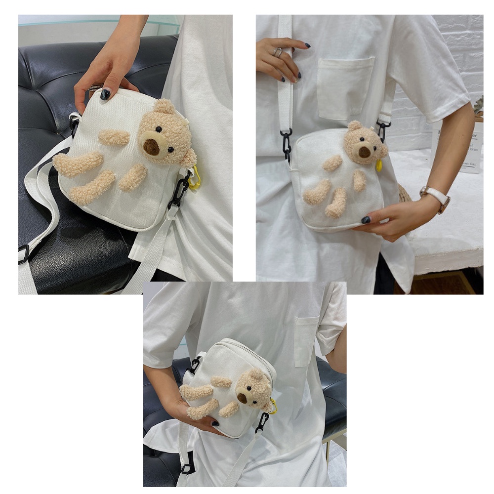 Túi đeo chéo hình gấu dễ thương chất liệu vải canvas JP5