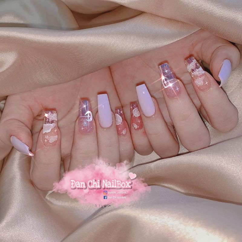 NailBox móng úp thiết kế sẵn Mẫu Tím Mix Thạch Hồng Vẽ Mây