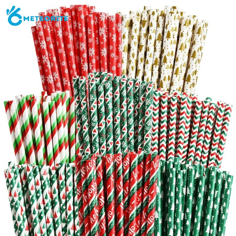 Set 25 Ống Hút Giấy Họa Tiết Hoa Tuyết / Sọc Xanh Lá / Đỏ Trang Trí Bàn Tiệc Giáng Sinh / Năm Mới