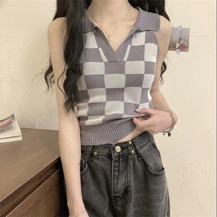 Áo Sơ Mi Ngắn Cổ Polo Họa Tiết Kẻ Ô Trắng Đen Thời Trang Mùa Hè Dành Cho Nữ