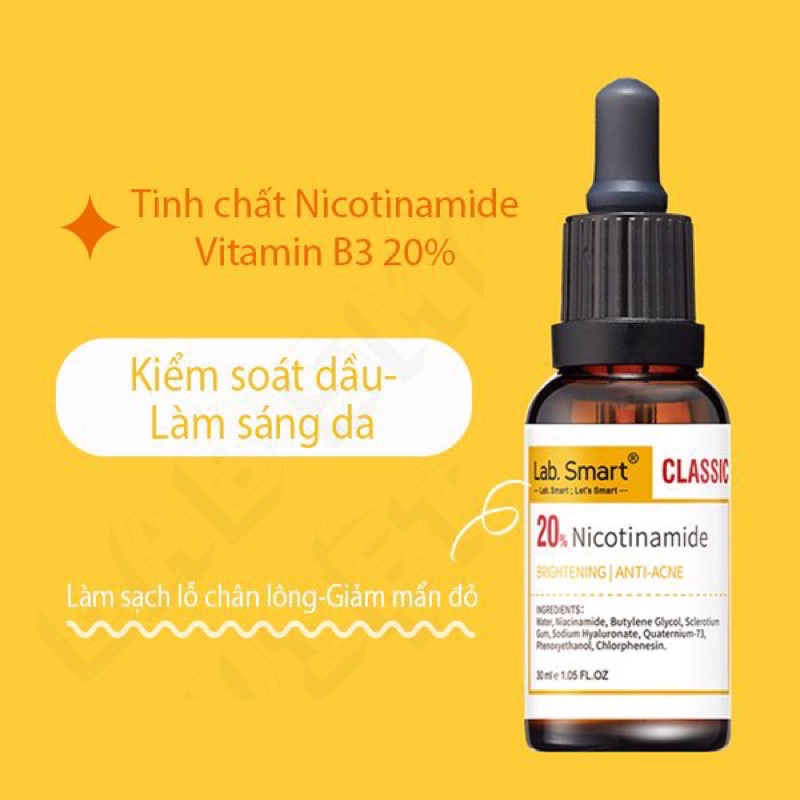 Tinh chất serum phiên bản [VÀNG CLASSIC] 20% NICOTINAMIDE - NIACINAMIDE kiềm dầu, dưỡng trắng 30ml LabSmart Đài Loan