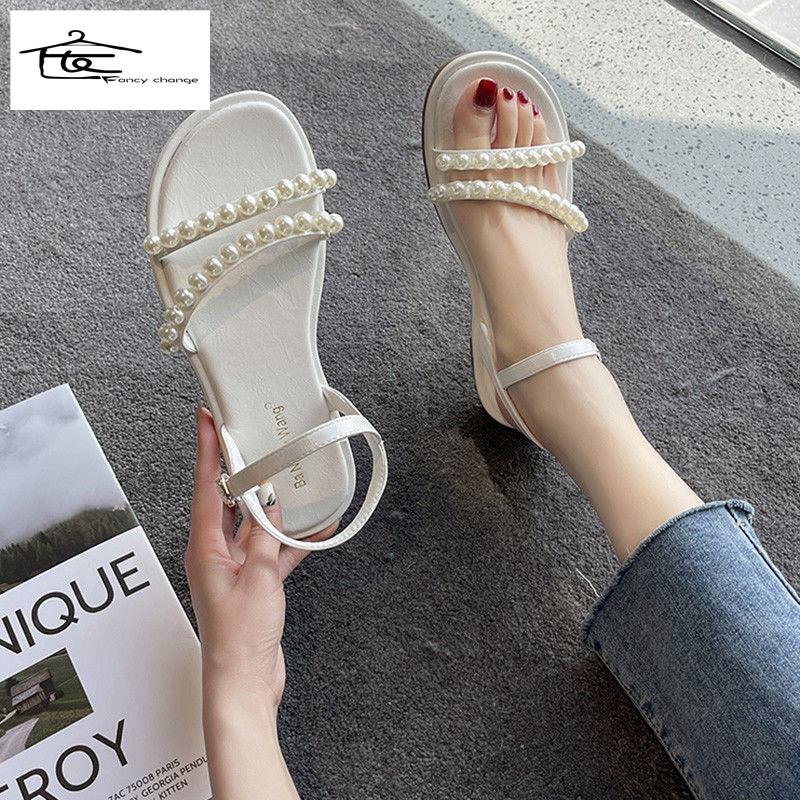 Giày Sandal Đế Bệt 2022 Đính Ngọc Trai Phong Cách La Mã Thời Trang Mùa Hè Hàng Mới Cho Nữ