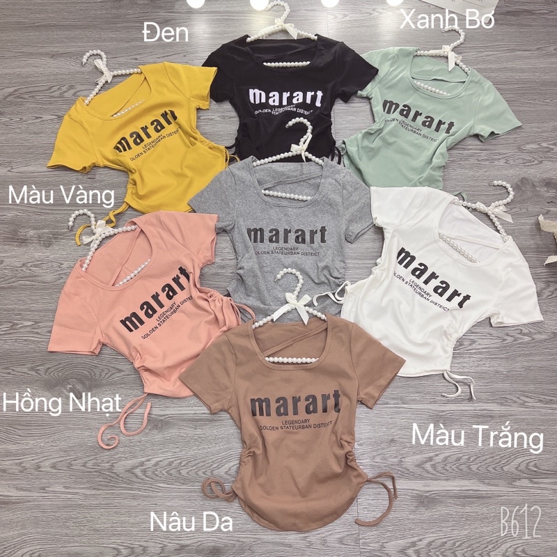 Áo thun body tay ngắn cổ U chéo dây rút hai bên in chữ Marart