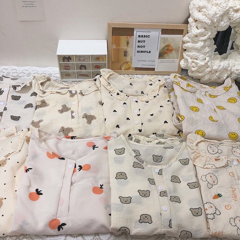 Q2 Set đồ ngủ cộc tay viền bèo/cổ trụ chất đũi xốp hoạ tiết đáng yêu Quinnie Store