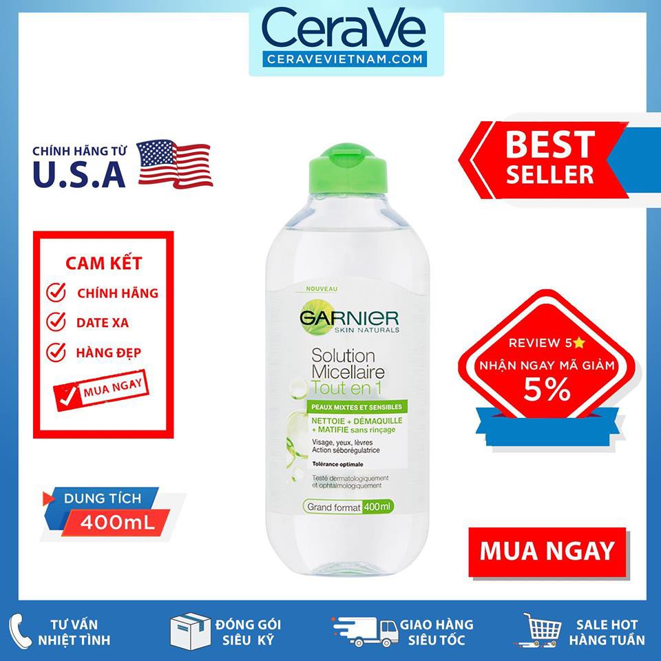 Nước tẩy trang da dầu Garnier SkinActive Solution Micellaire Tout en 1 (400mL)