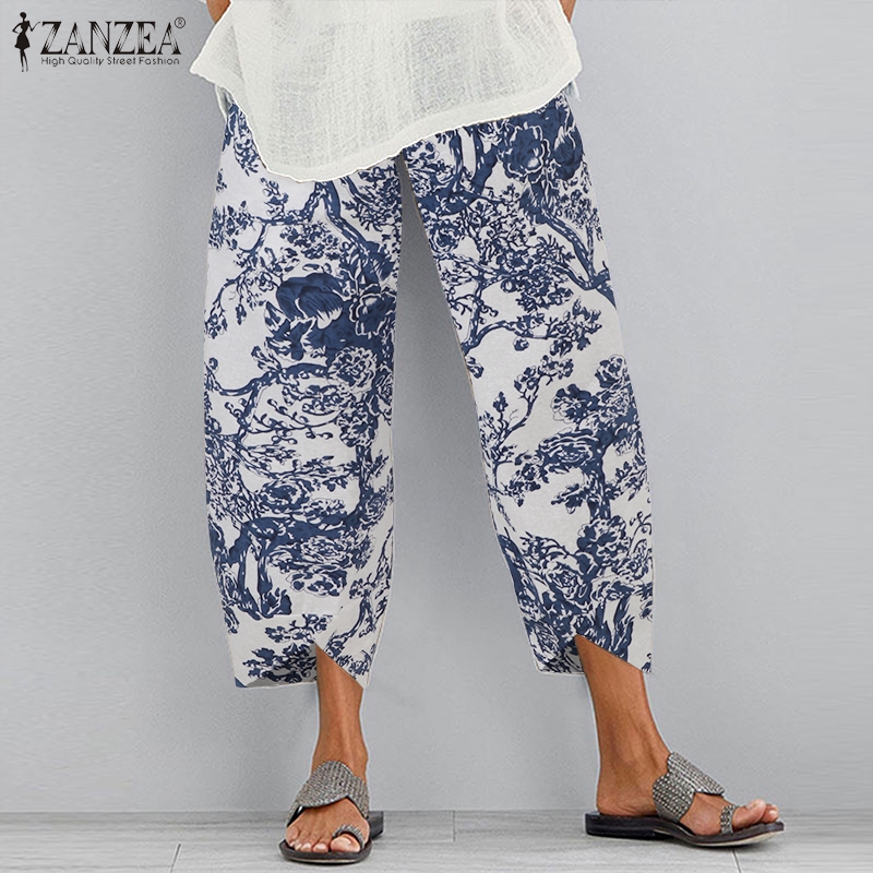 Quần ZANZEA Ống Rộng Lưng Thun Thoải Mái Họa Tiết In Thời Trang Cho Nữ