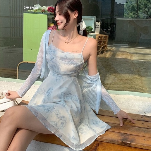 Bộ trang phục áo khoác mỏng chống nắng phối đầm hai dây dáng chữ A vải voan thời trang cho nữ (có bán lẻ)