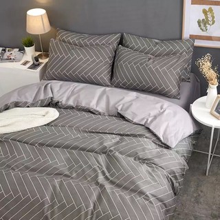 Cotton Poly Bộ Chăn Ga Gối Kẻ Chéo Xám