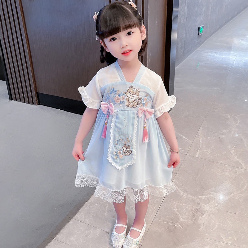 Đầm Công Chúa Hán Phục Tay Ngắn Phối Lưới Thêu Họa Tiết Thời Trang Mùa Hè 2022 Mới Cho Bé Gái