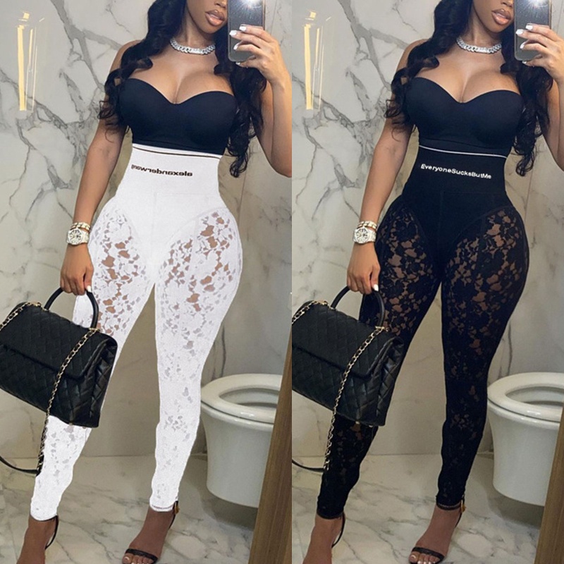 Quần Legging Lưng Cao Phối Ren Xuyên Thấu In Chữ Thời Trang Mùa Hè Quyến Rũ Cho Nữ