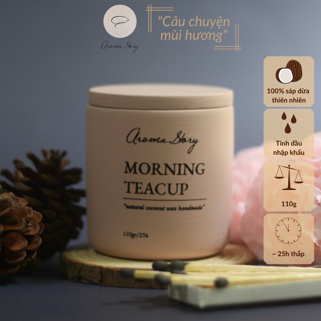 Nến thơm trang trí, cao cấp, tự nhiên Aroma Story hương hoa nhài và cam hương Morning Teacup size 110g