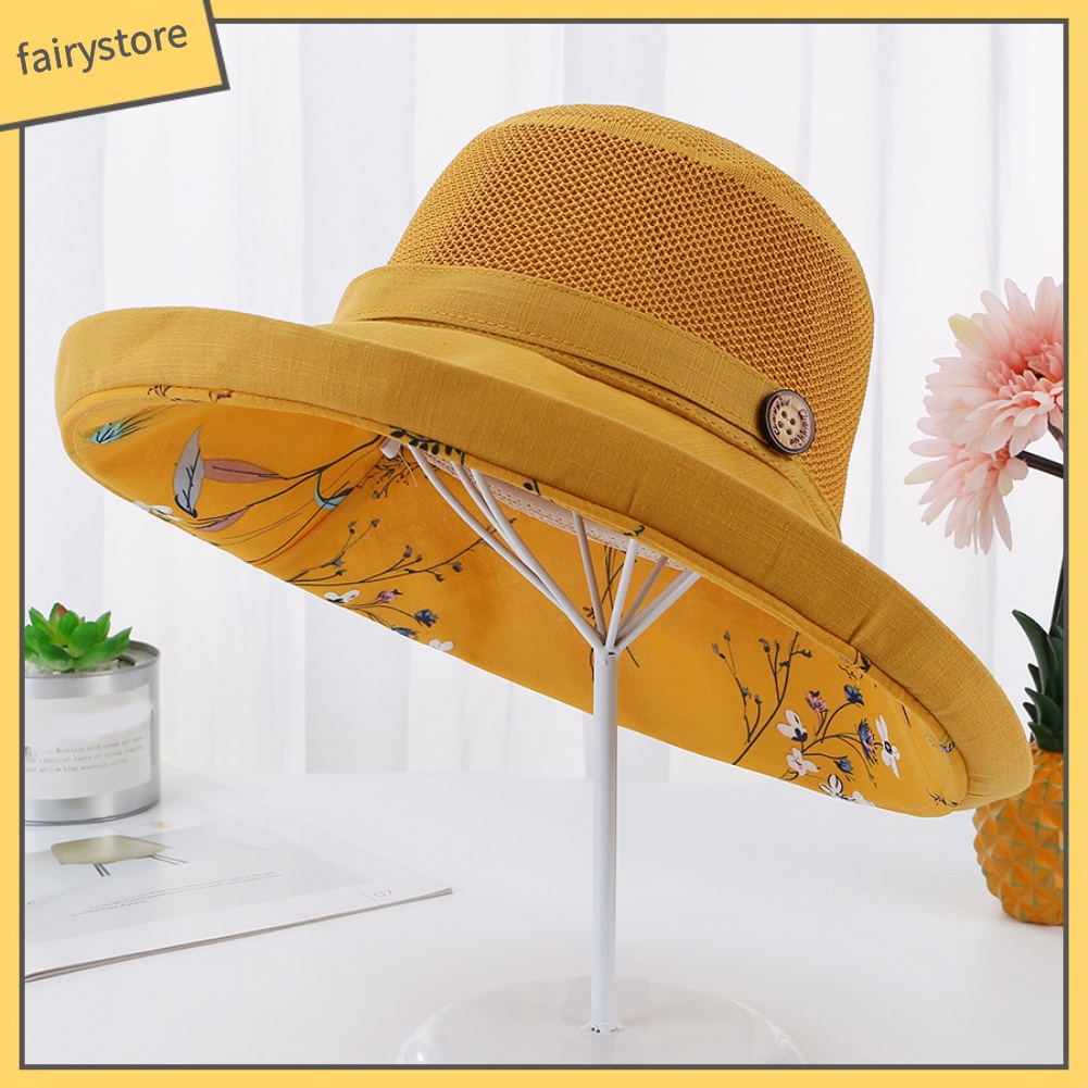 Mũ Bucket Thể Thao Vành Rộng Chống Nắng Đính Nút Họa Tiết Hoa Trang Trí Nội Thất Cho Nữ