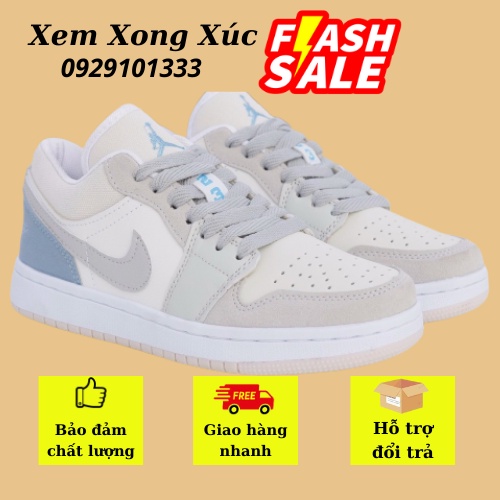 Giày Jordan low Paris Xám Xanh, Giày JD1 Trắng Xám Cổ Thấp Gót Xanh Thời Trang Tặng Box Bill