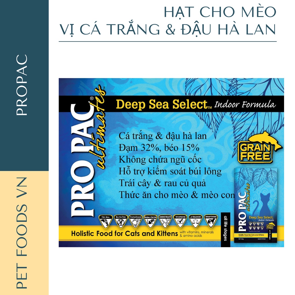 [Mã PET50K giảm Giảm 10% - Tối đa 50K đơn từ 250K] Hạt cho mèo PROPAC Deep Sea Select 2kg vị Cá Trắng &amp; Đậu Hà Lan