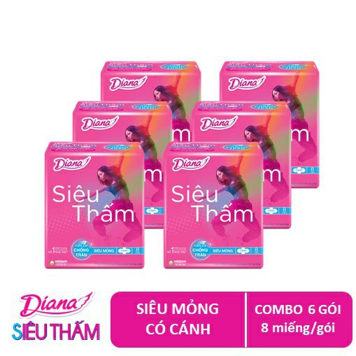 Bộ 6 gói Băng vệ sinh Diana siêu thấm siêu mỏng cánh gói 8 miếng