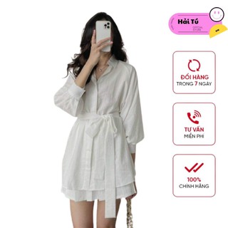 Set váy sơ mi kèm đai buộc, váy nữ đẹp màu trắng chất liệu đũi, hàng loại 1, ảnh thật