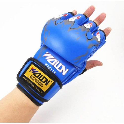 Găng tay đấm boxing hở ngón MMA Wolon (xanh)