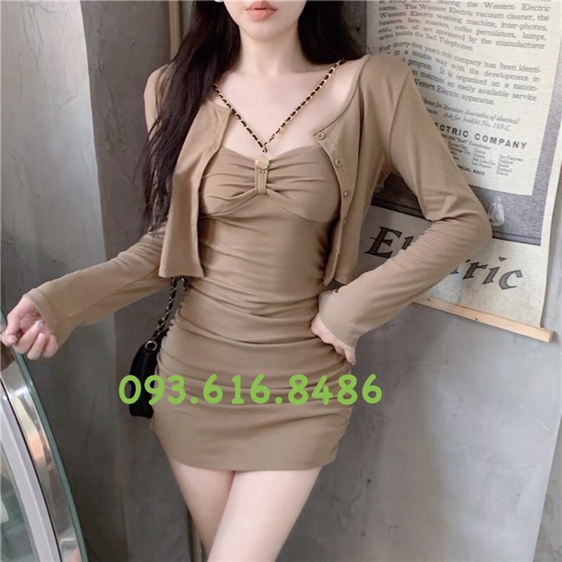 Set đầm body 2 dây xích kèm áo khoác tay dài sang chảnh D1791